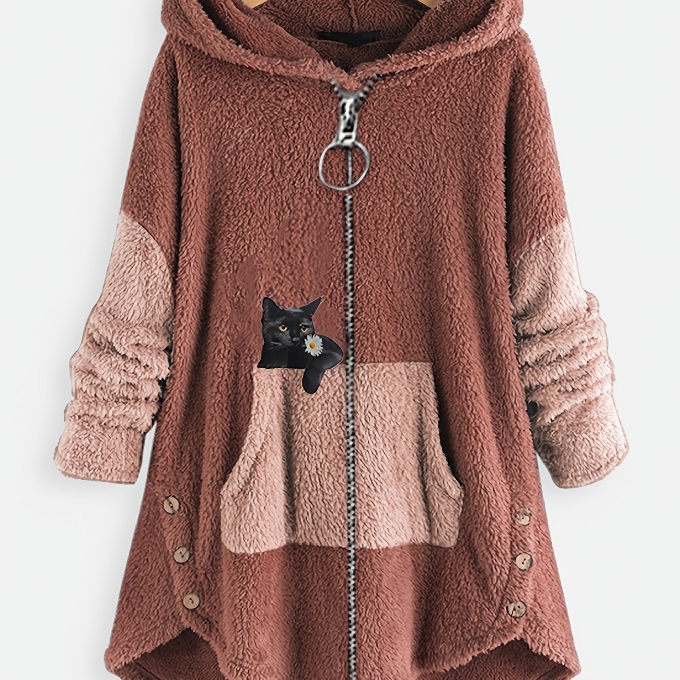 Plus Size Colorblock Cartoon Cat Print Hoodie Zip Up Fuzzy Coat; Women's Plus Slight Stretch Casual Warm Coat