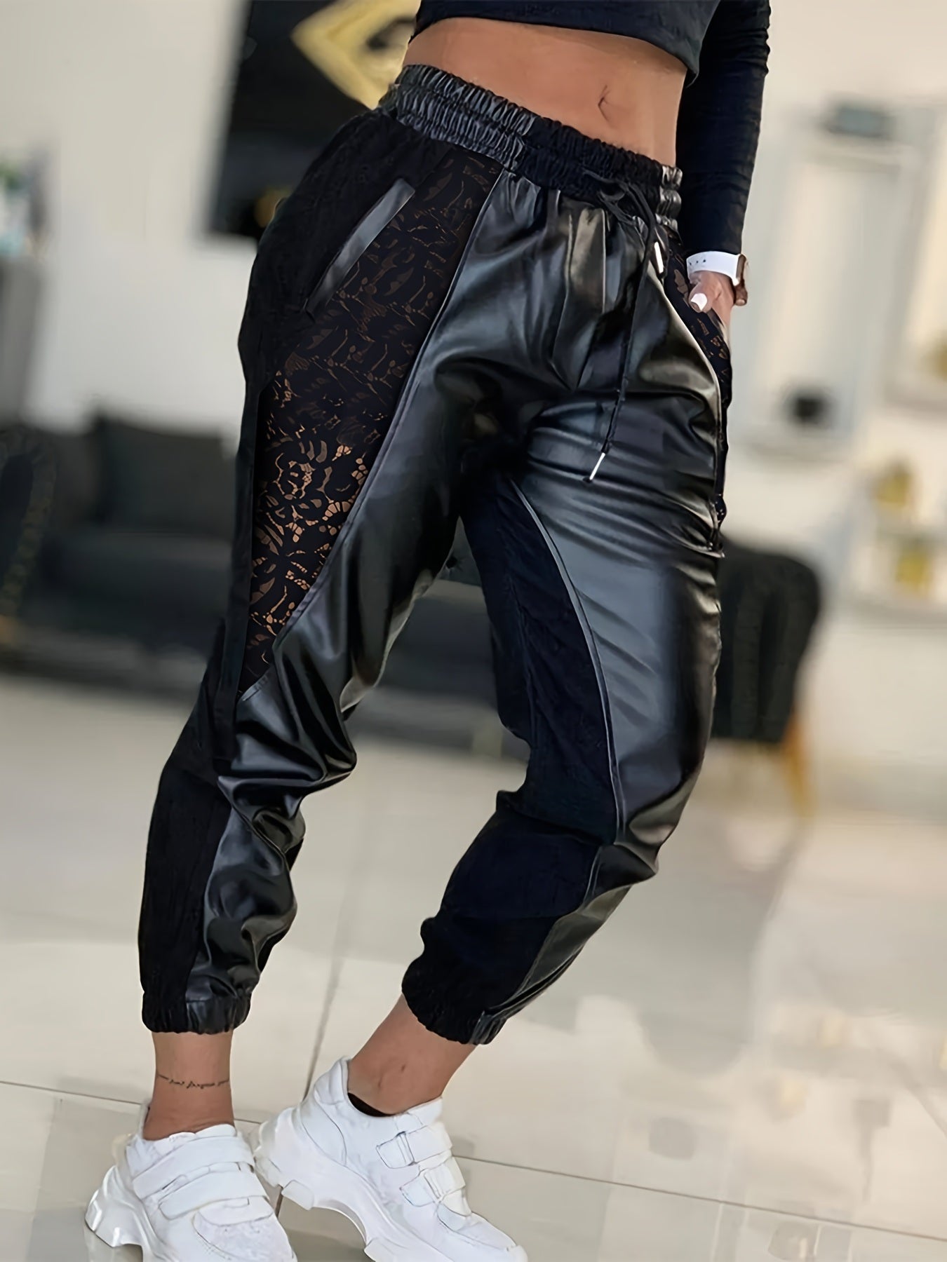 PU Jogger Belted Pants; Casual Every Day Pants For Spring & Fall