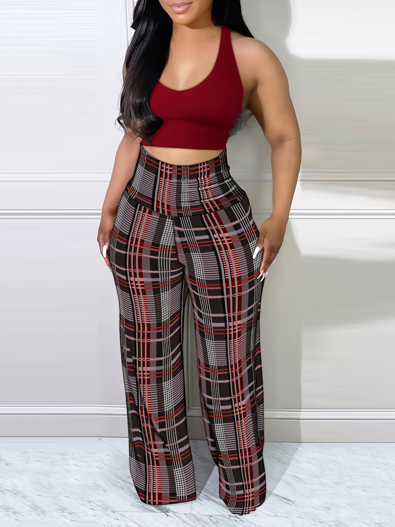 Women's Plaid Wide Leg Pants; Casual High Waist Pants; Casual Every Day Pants