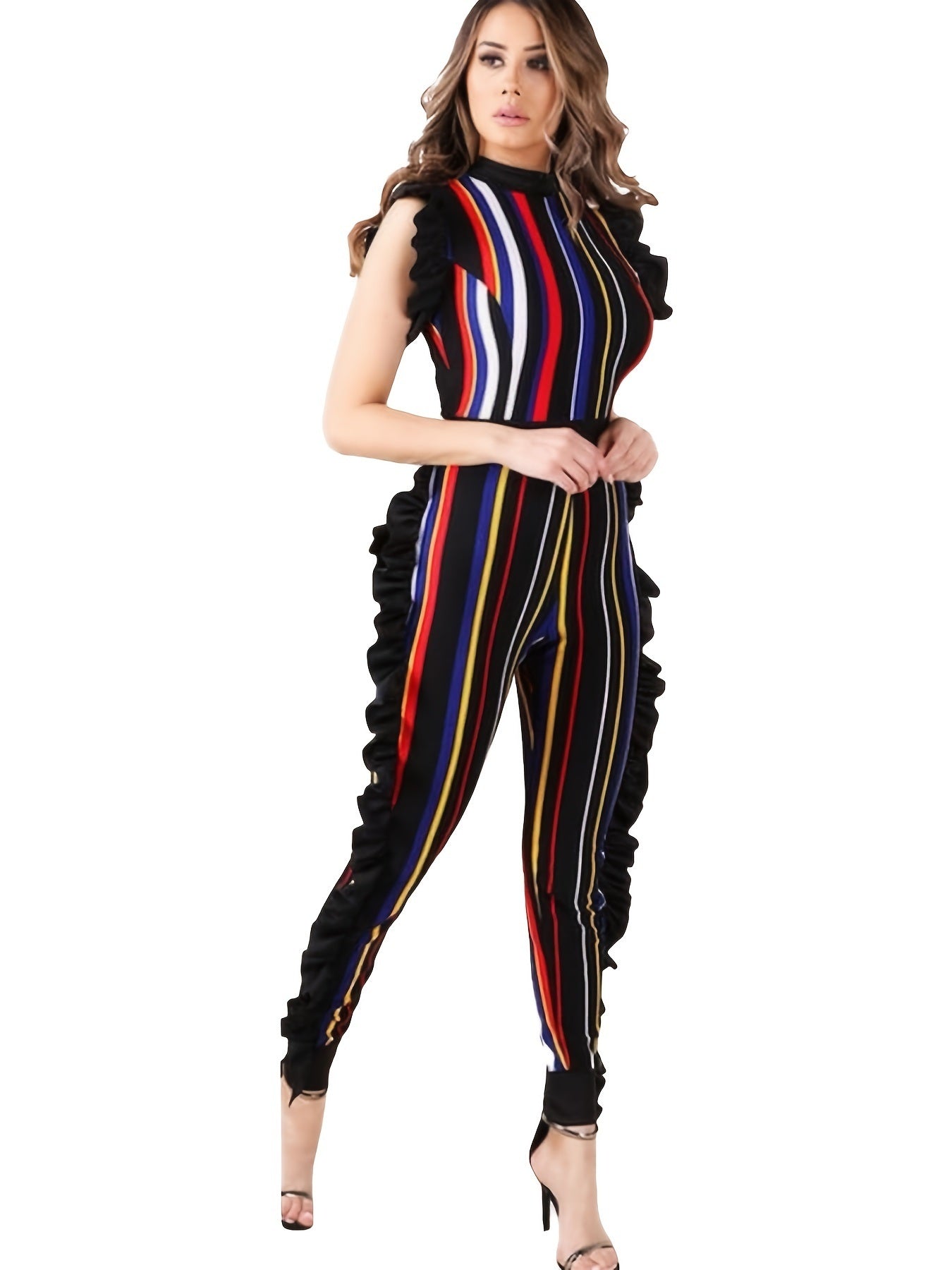 Sexy Tight Sleeveless Fungus Side Vertical Stripe Jumpsuit; Slim Sleeveless Stylish Ruffled Jumpsuit