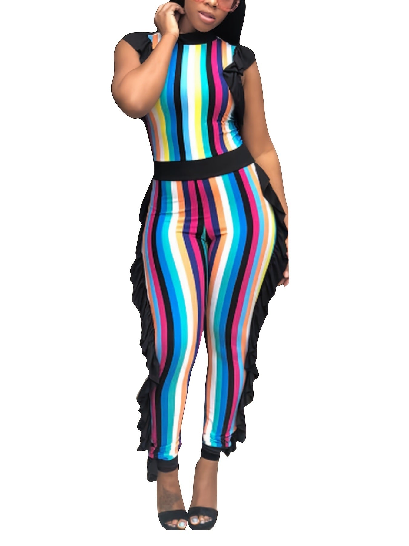 Sexy Multicolor Striped Wood Ear Trim Jumpsuit; Sexy Slim Sleeveless Zip Back Jumpsuit