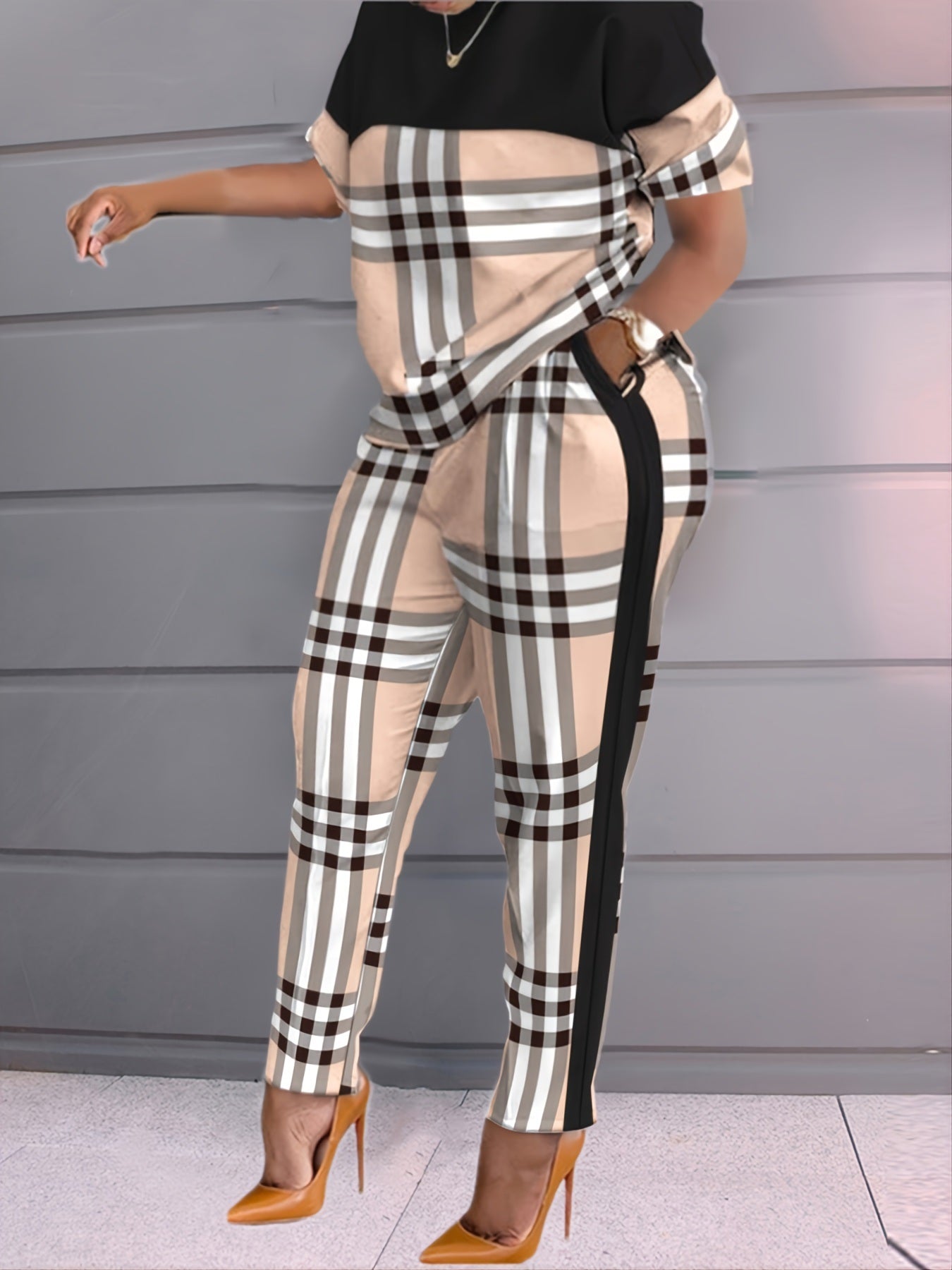 Plus Size Colorblock Plaid Pattern Short Sleeve Tops & Pants Set; Women's Plus Casual Two Pieces Set Outfits