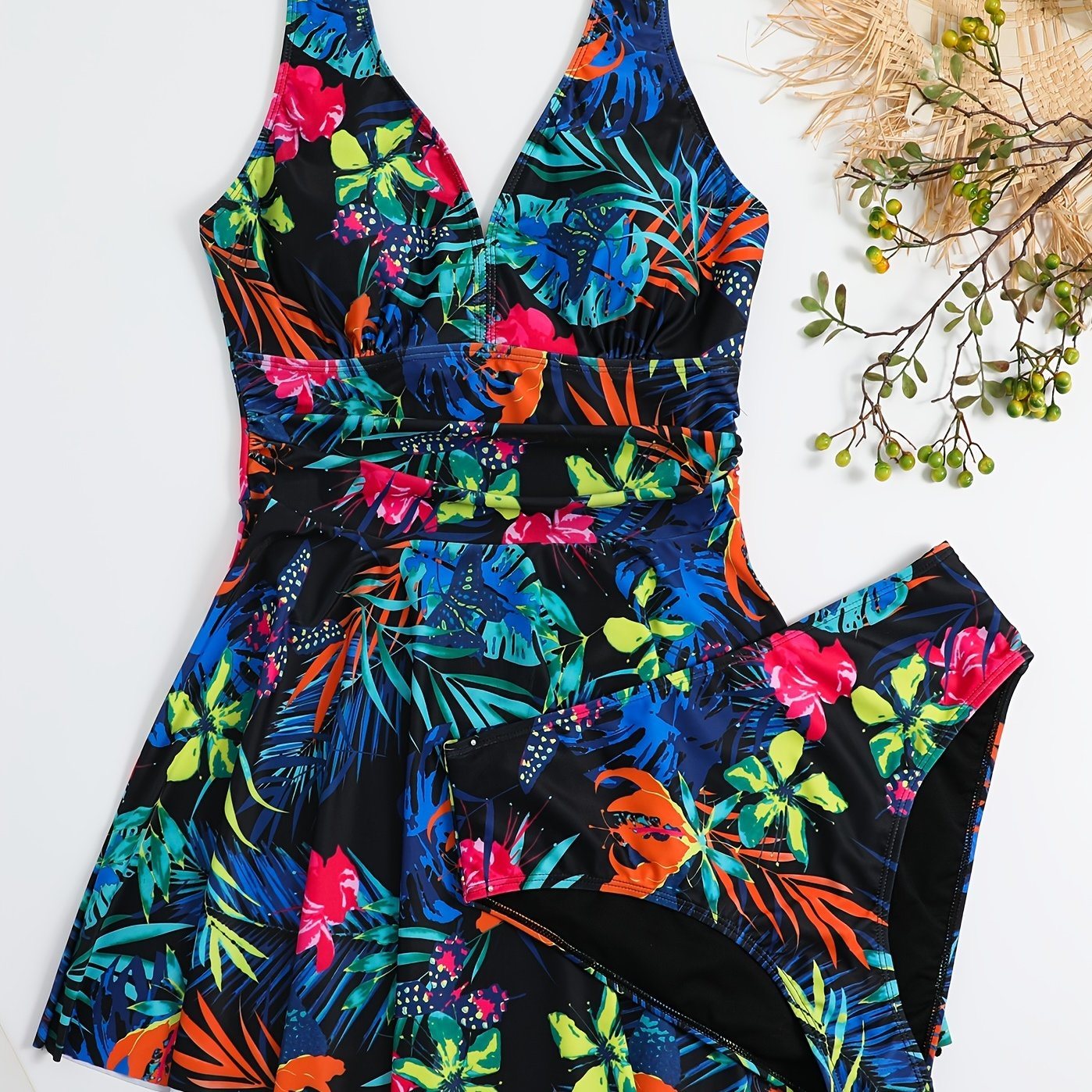 Plus Size Tropical Print Tank Top & Panties Swimsuit Set; Women's Plus High Stretch 2pcs Swimsuit Set