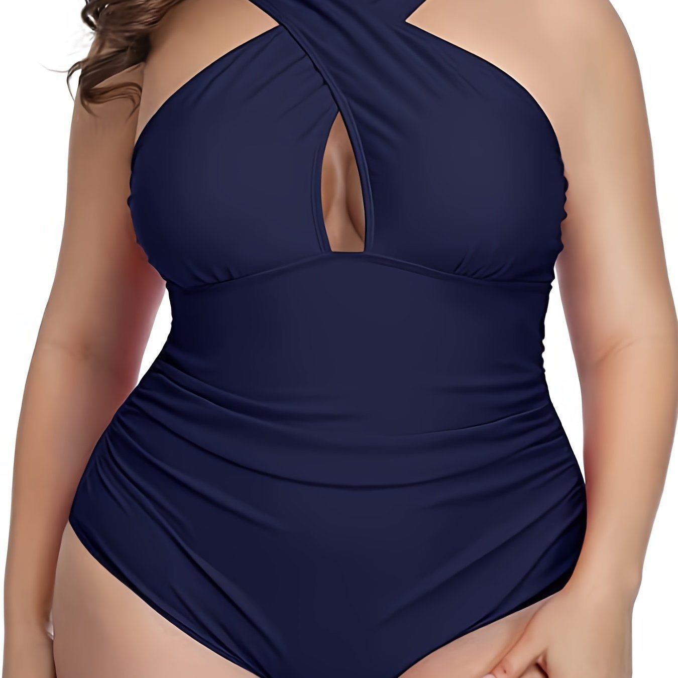 Plus Size Criss Cross Neck Cut Out One Piece Swimsuit; Women's Plus High Stretch Modest One Piece Bathing Suit