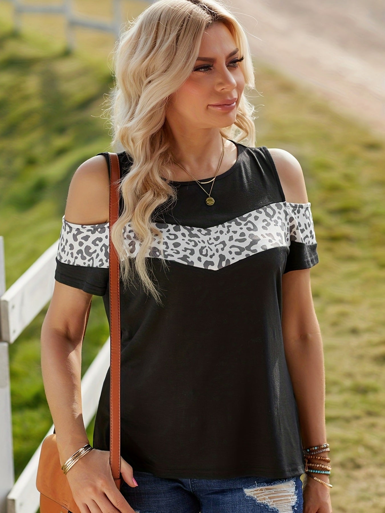 Leopard Print Splicing T-shirt; Casual Cold Shoulder Crew Neck Summer T-shirt