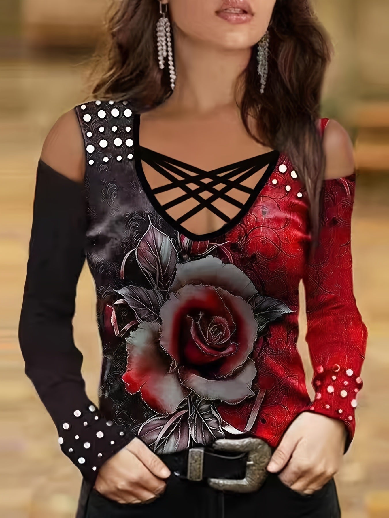 Women's Floral Print Color Block T-Shirt; Casual V-Neck Long Sleeve T-Shirt; Casual Every Day Tops