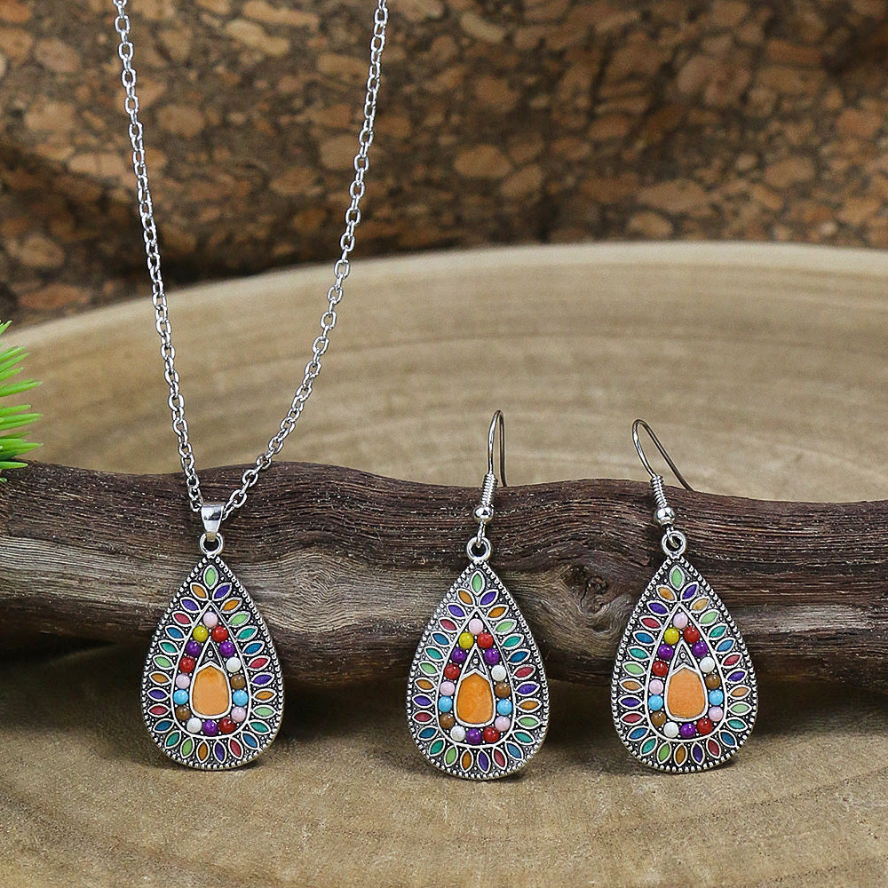 Boho Multicolor Teardrop Shaped Drop Earrings Necklace 3pcs Set Vintage Decor For Women Girls Gift