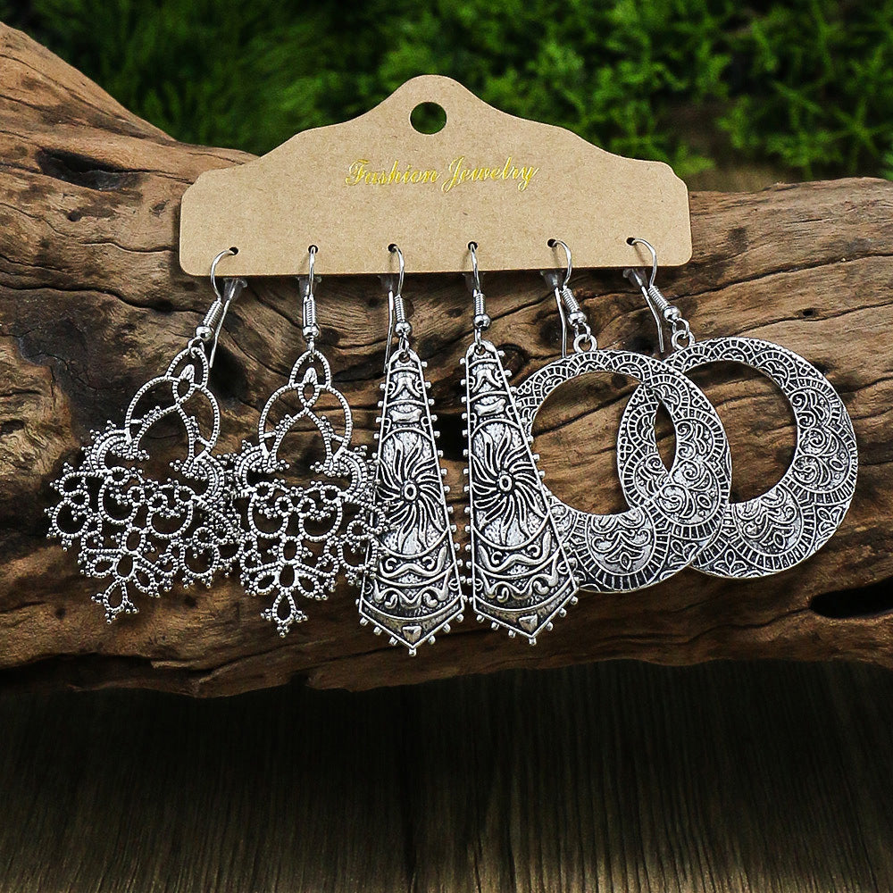 Women's Earrings Retro Style Antique Silver 3 Pairs Earrings Set Geometric Leaf Hollow Pendant U-shaped Ear Hook Simple And Versatile