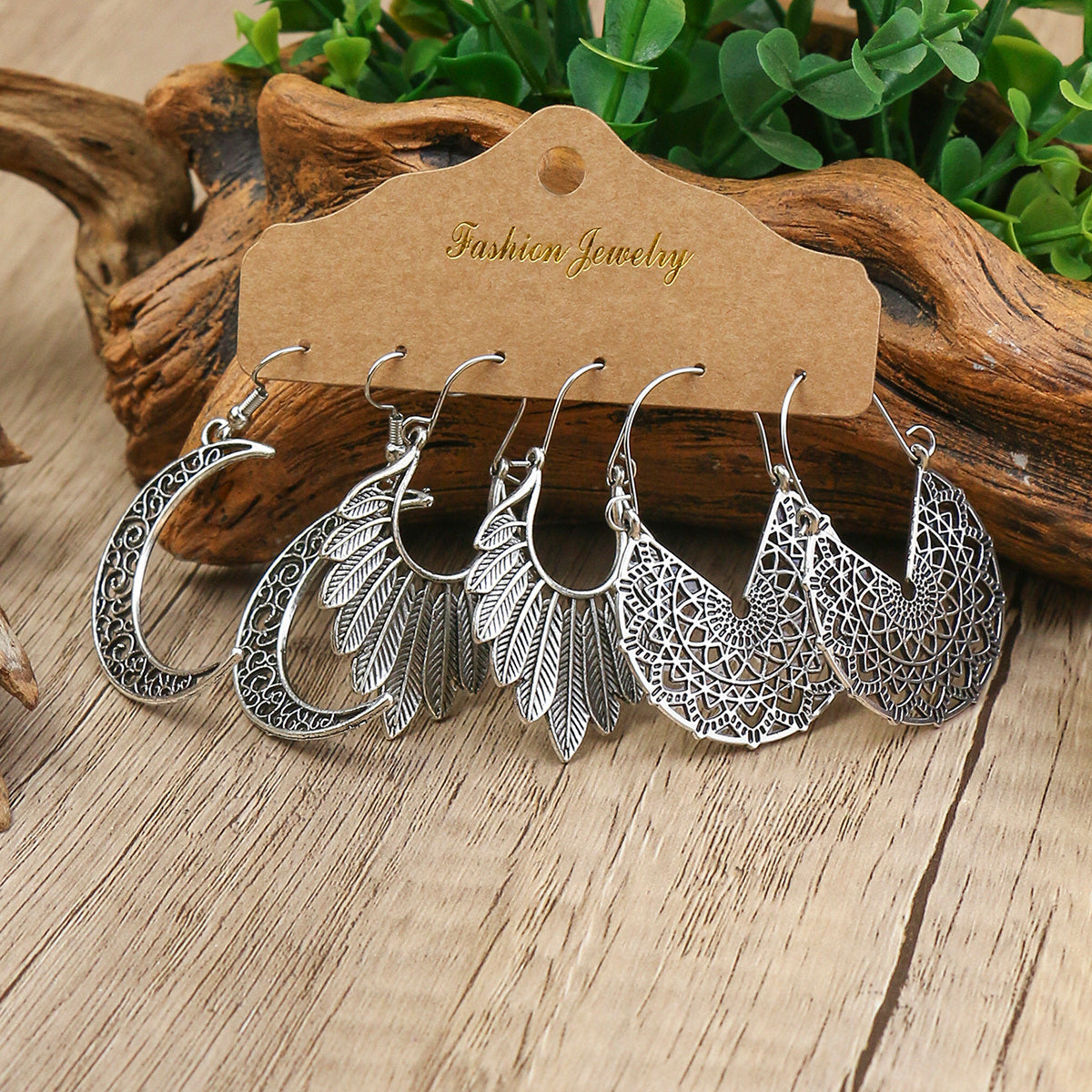 Women's Earrings Retro Style Antique Silver 3 Pairs Earrings Set Geometric Leaf Hollow Pendant U-shaped Ear Hook Simple And Versatile