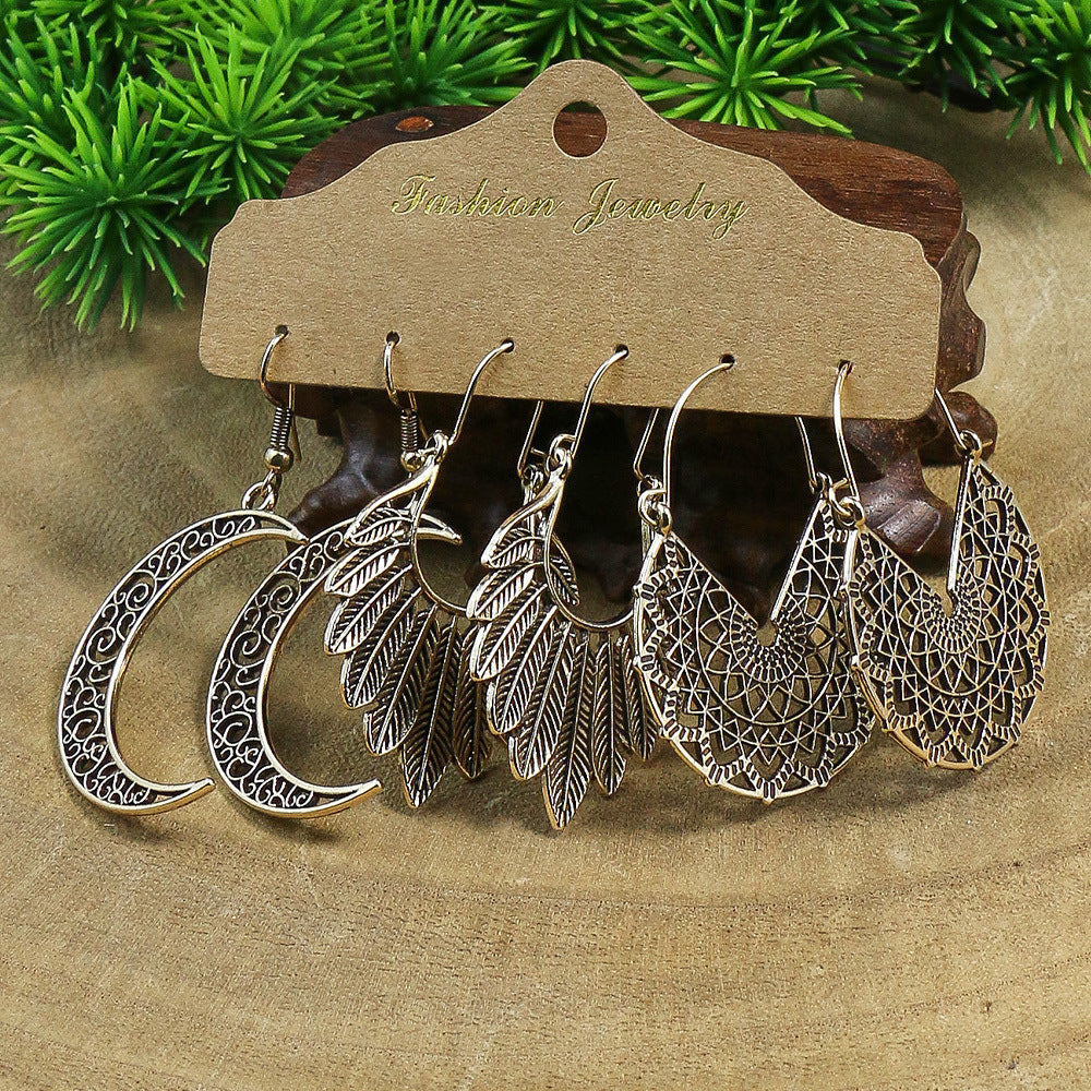 Women's Earrings Retro Style Antique Silver 3 Pairs Earrings Set Geometric Leaf Hollow Pendant U-shaped Ear Hook Simple And Versatile