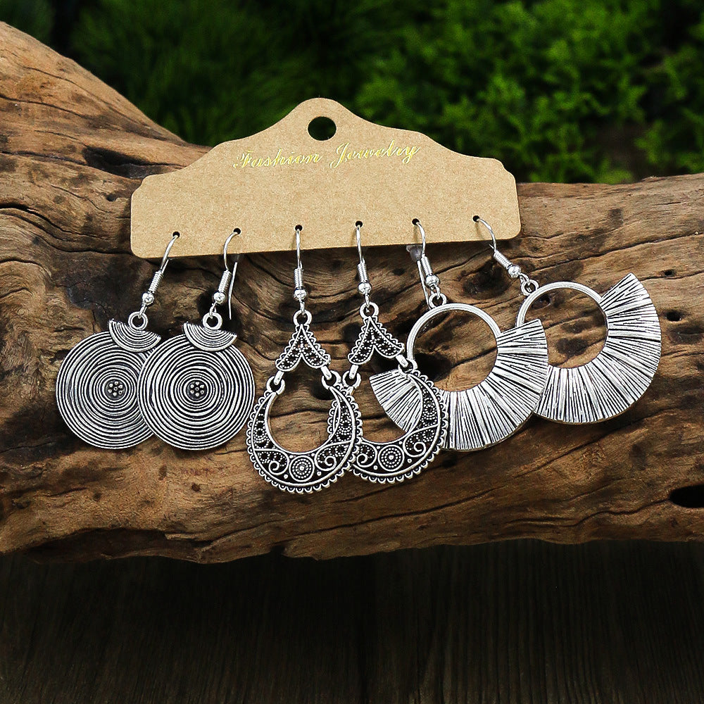 Women's Earrings Retro Style Antique Silver 3 Pairs Earrings Set Geometric Leaf Hollow Pendant U-shaped Ear Hook Simple And Versatile