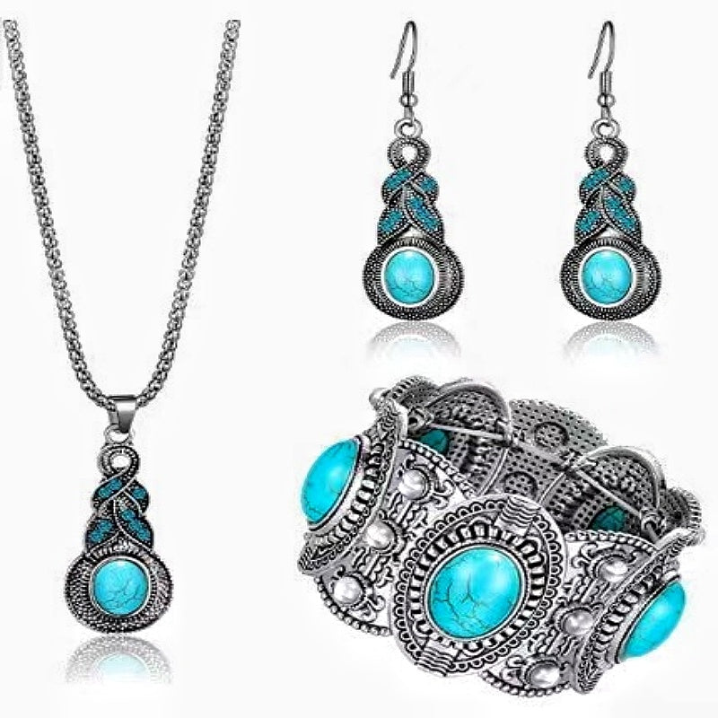 Vintage Turquoise Necklace Earrings Bracelet 3pcs/Set Fine Jewelry For Women Girls