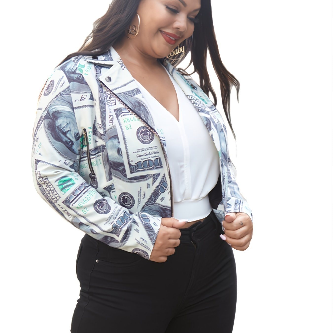 Plus Size Fashion Print Long Sleeve Crop Motorcycle Jacket; Women's Plus Slight Stretch Outerwear