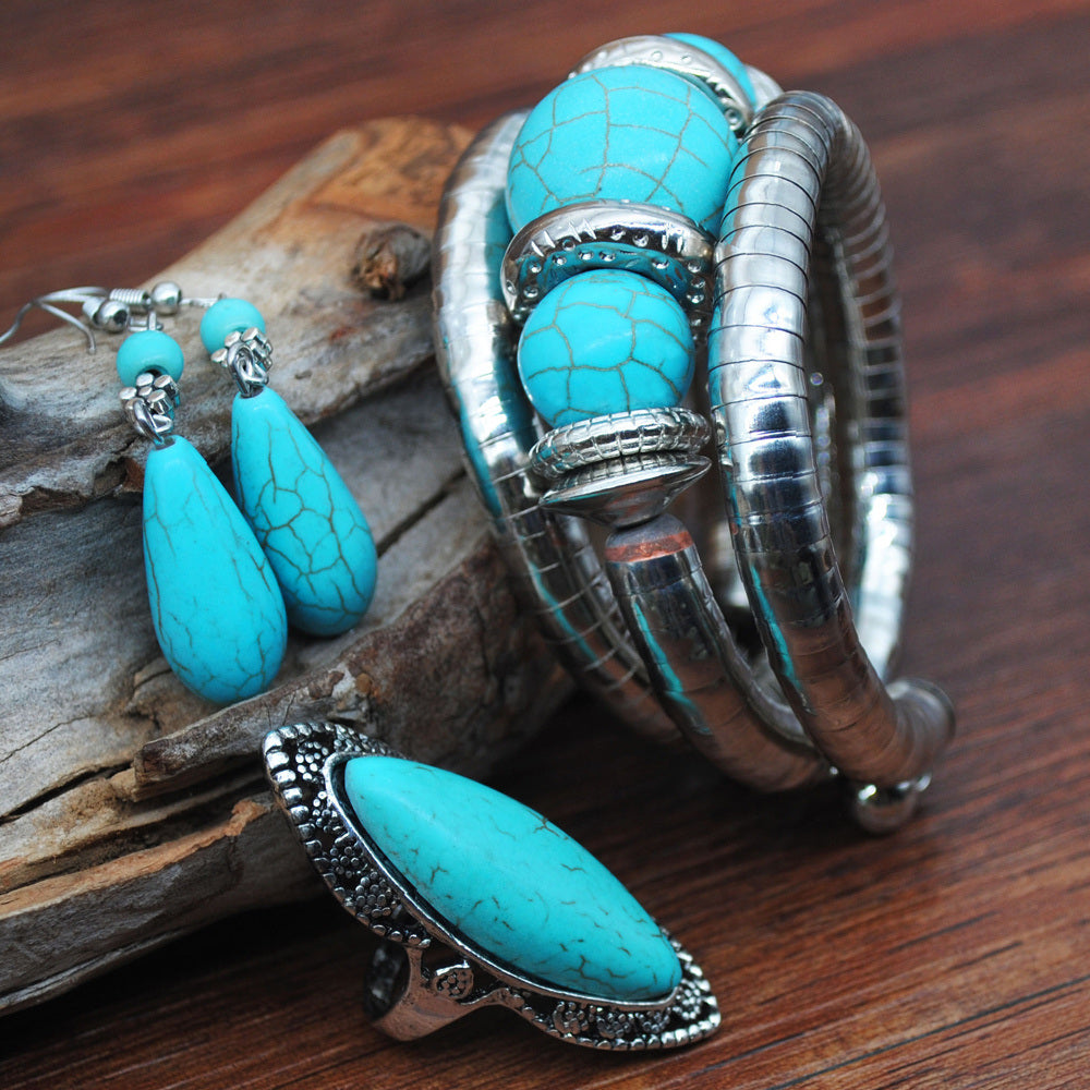 Women Vintage Turquoise Jewelry Set Layered Adjustable Bangle Fashion Cut Out Engraved Ring Drop Earrings