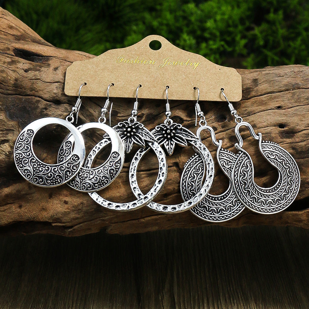 Women's Earrings Retro Style Antique Silver 3 Pairs Earrings Set Geometric Leaf Hollow Pendant U-shaped Ear Hook Simple And Versatile