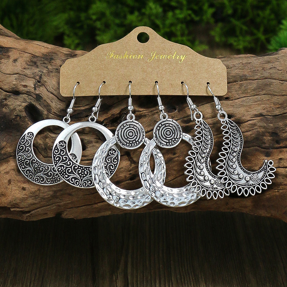 Women's Earrings Retro Style Antique Silver 3 Pairs Earrings Set Geometric Leaf Hollow Pendant U-shaped Ear Hook Simple And Versatile