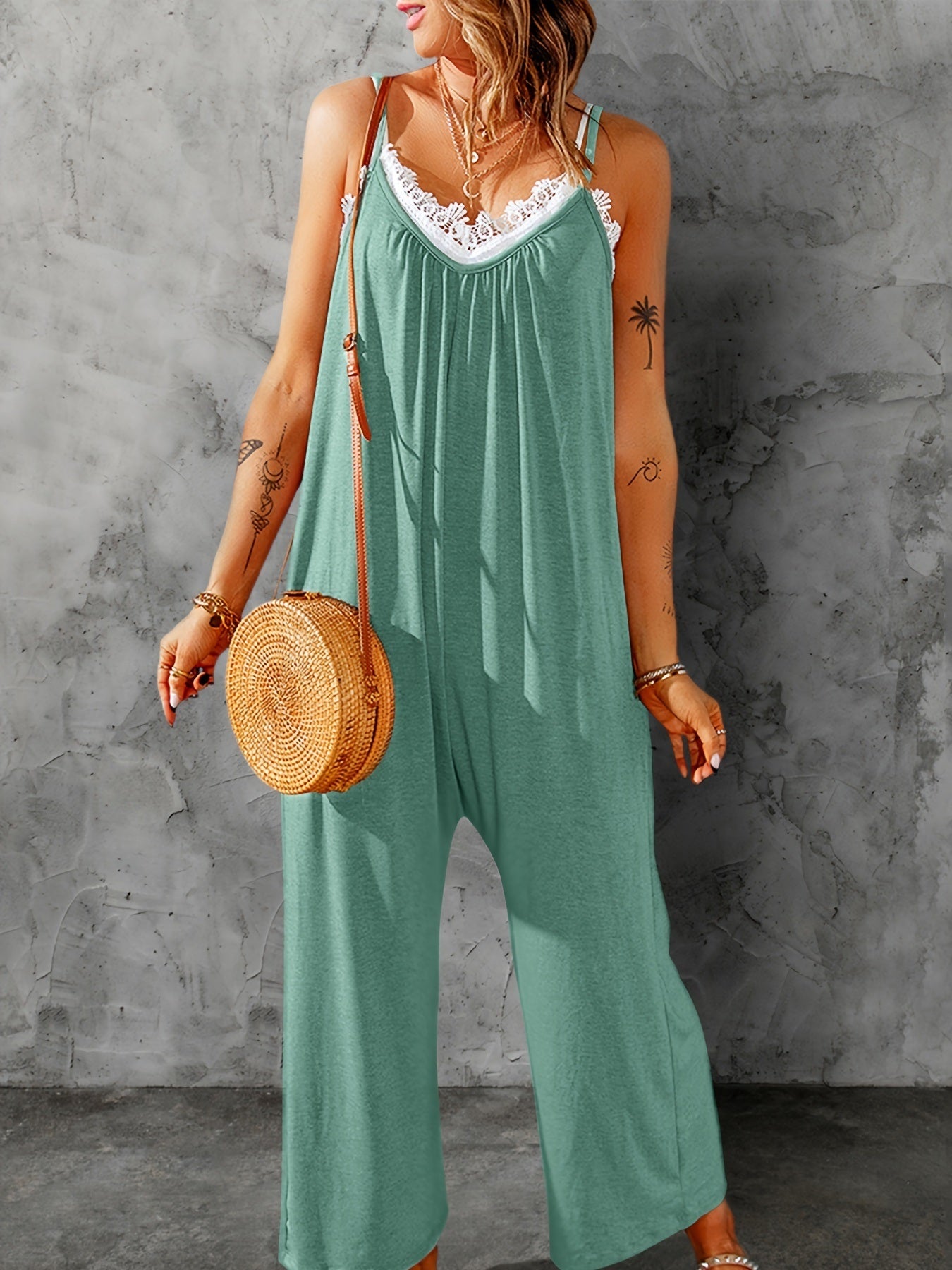 Summer Pocket Cami Jumpsuit; Casual Backless Sleeveless Loose Jumpsuit