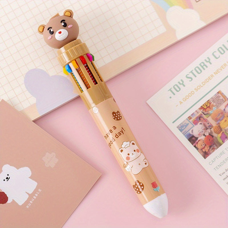 10-color Cartoon Ballpoint Pen Bear Press Color Pen Student Stationery Marker Pen Holiday Small Gift