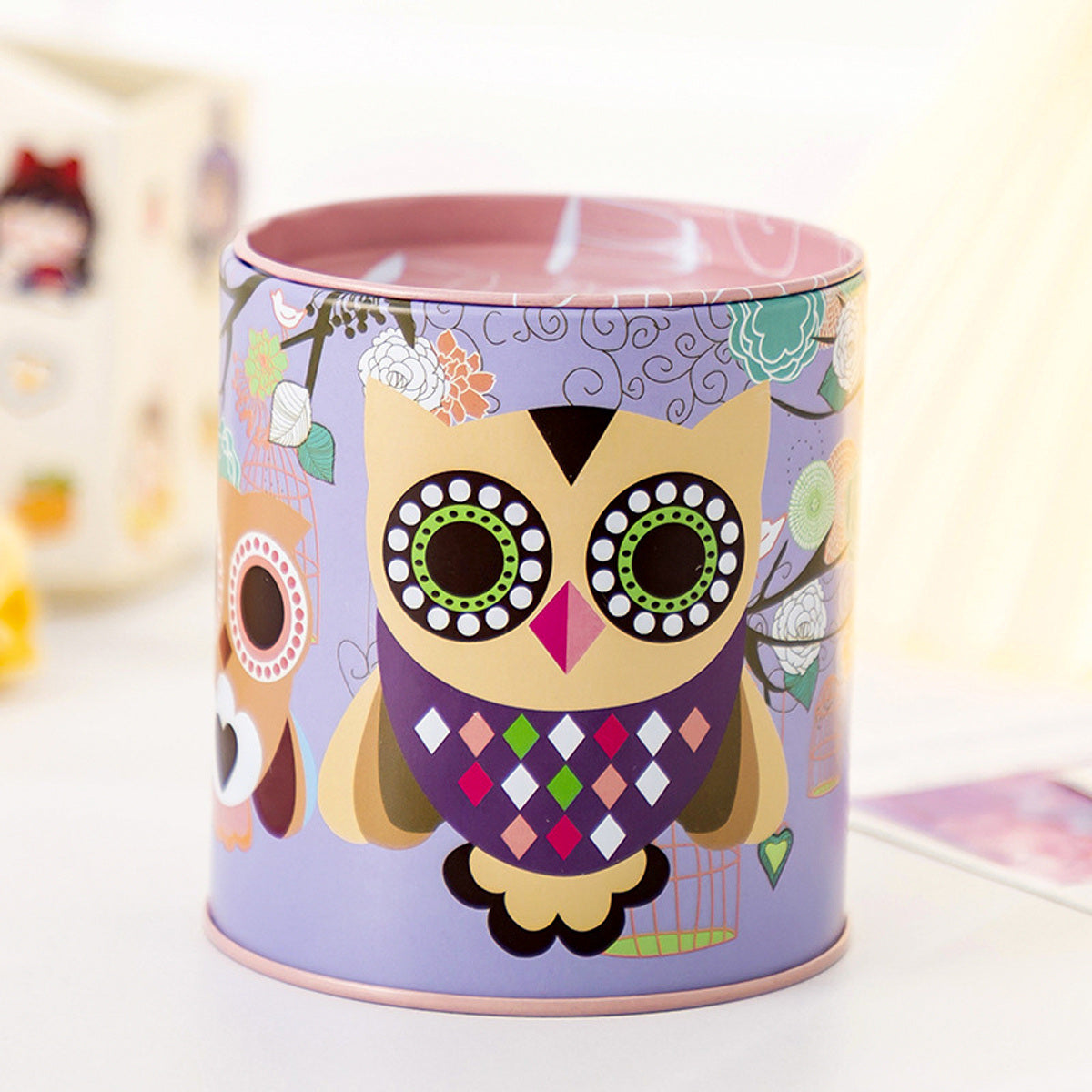 1pc Cartoon Owl Houndstooth Iron Material Round Storage Tank Money Bank