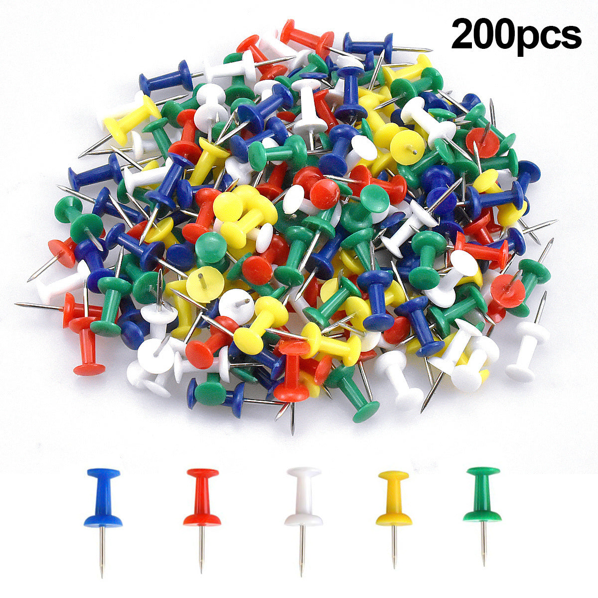 200pcs Multi-Colored Push Pins With Plastic Heads And Steel Points, Stationery Map Thumb Tacks, Drawing Push Pins For Map Cork Notice Board Photos Home Office Use (5 Colors)