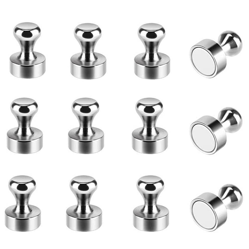 12pcs/Set Refrigerator Magnet Push Pin, Brushed Nickel Steel Fridge Magents, Magnetic Pushpins, Magnet Thumb Tacks, Magnets For Whiteboard, Kitchen, Office, Bulletin Board, Lockers