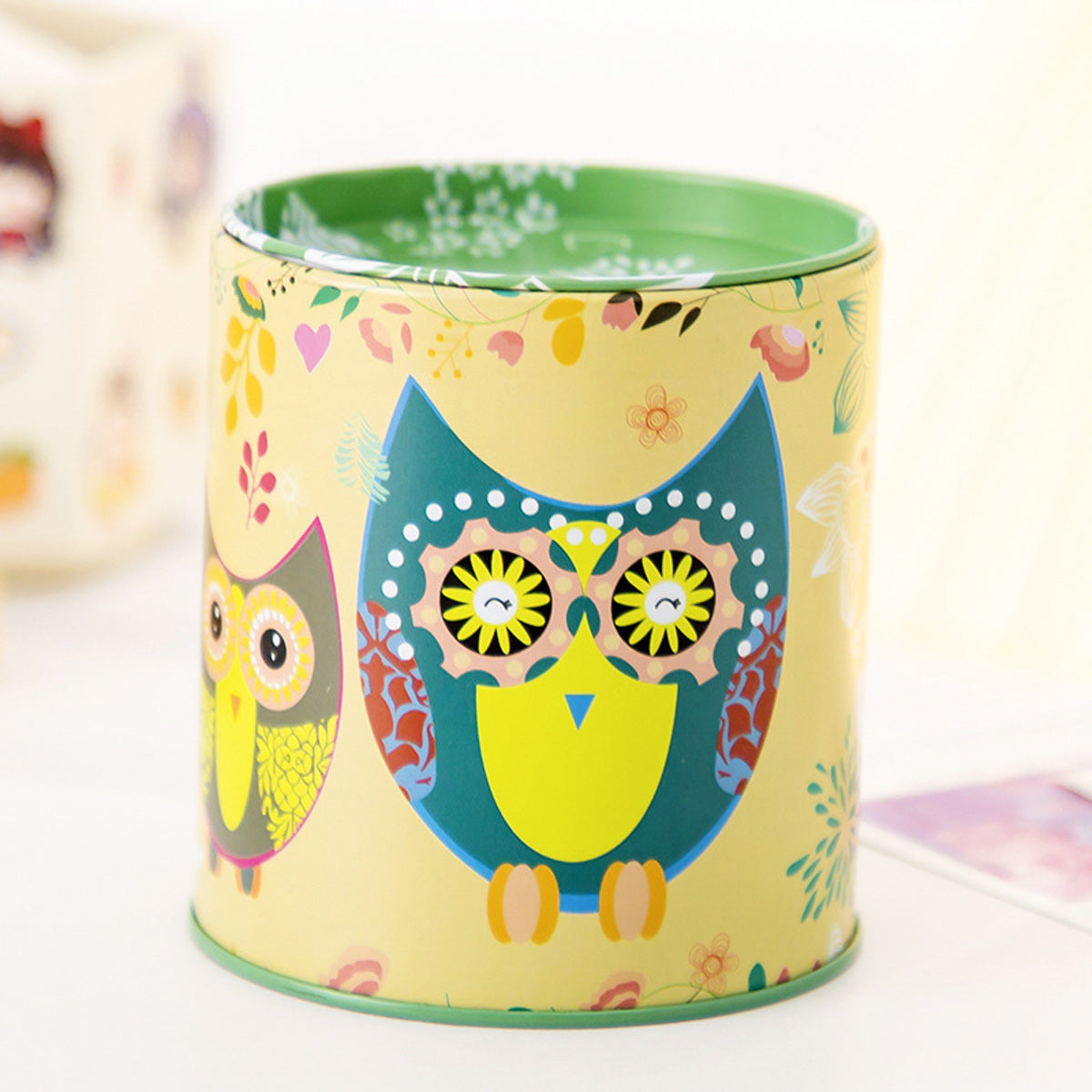 1pc Cartoon Owl Houndstooth Iron Material Round Storage Tank Money Bank