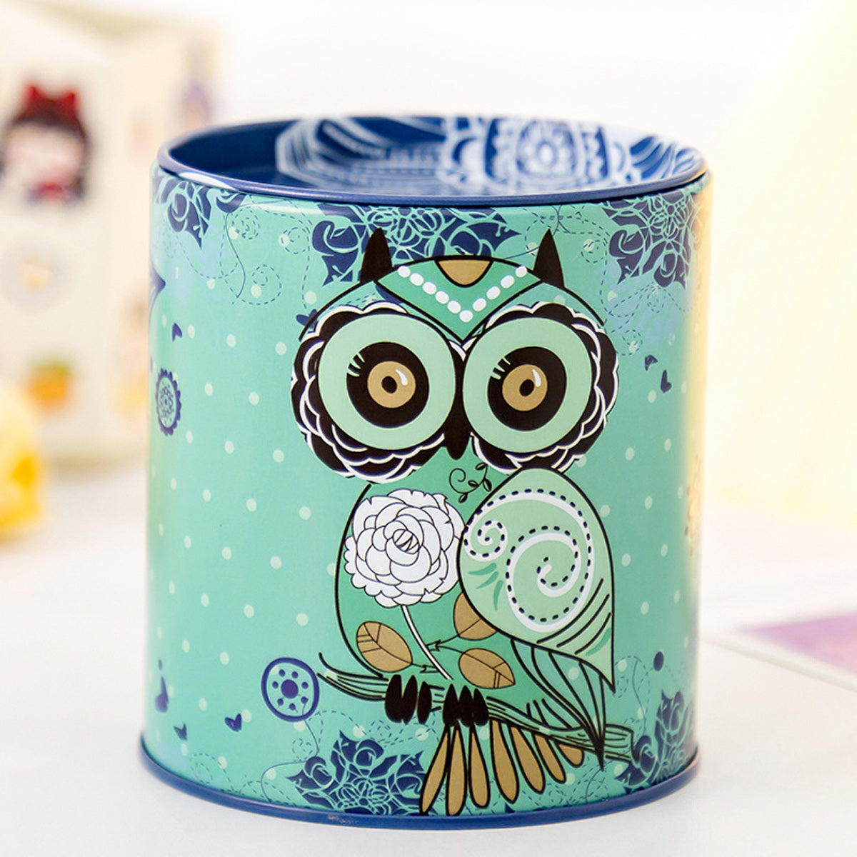 1pc Cartoon Owl Houndstooth Iron Material Round Storage Tank Money Bank