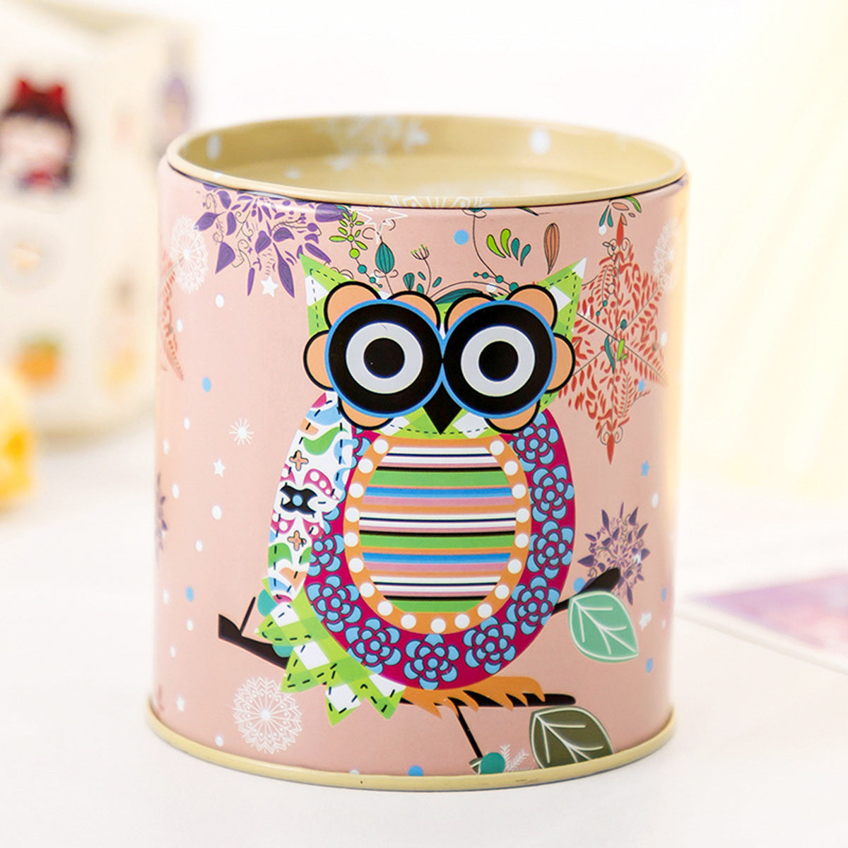 1pc Cartoon Owl Houndstooth Iron Material Round Storage Tank Money Bank