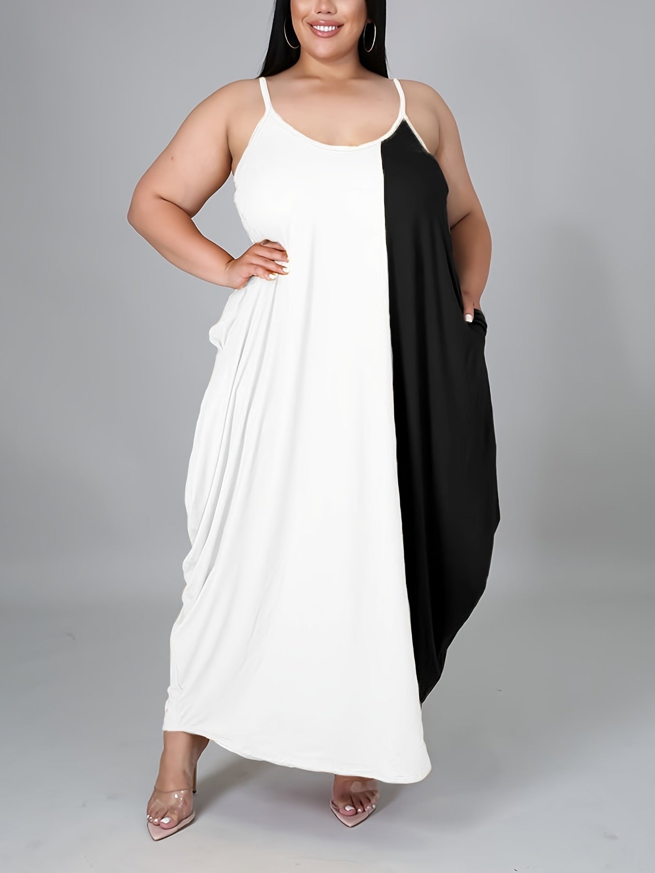 Size Colorblock Cami Maxi Dress With Pockets; Women's High Stretch Casual Long Dress