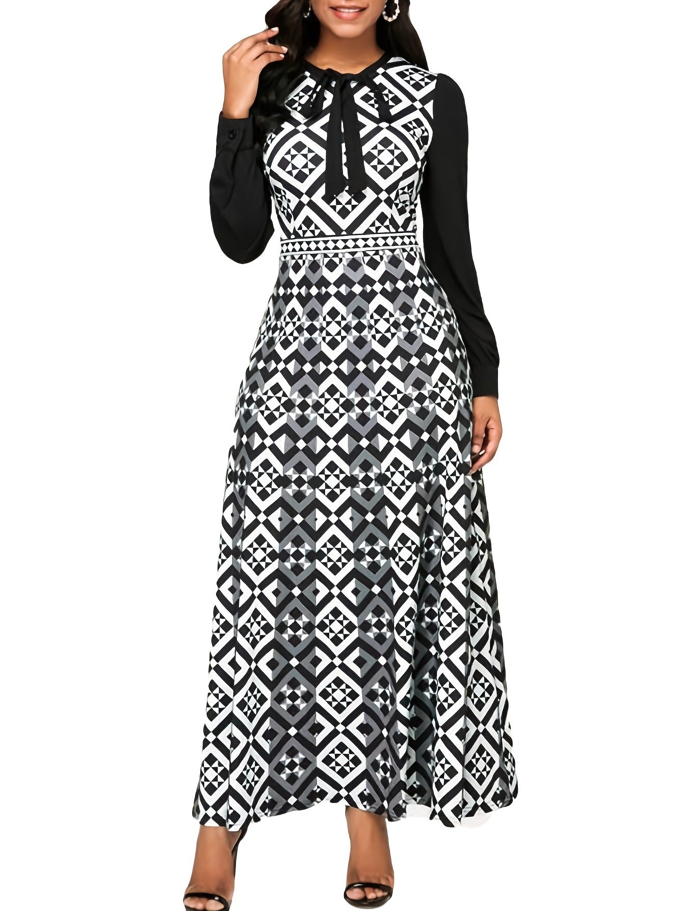 Patchwork V Neck Long Sleeve High Waist Maxi Dress; Vintage Loose Ruffled Hem Knitted Dress