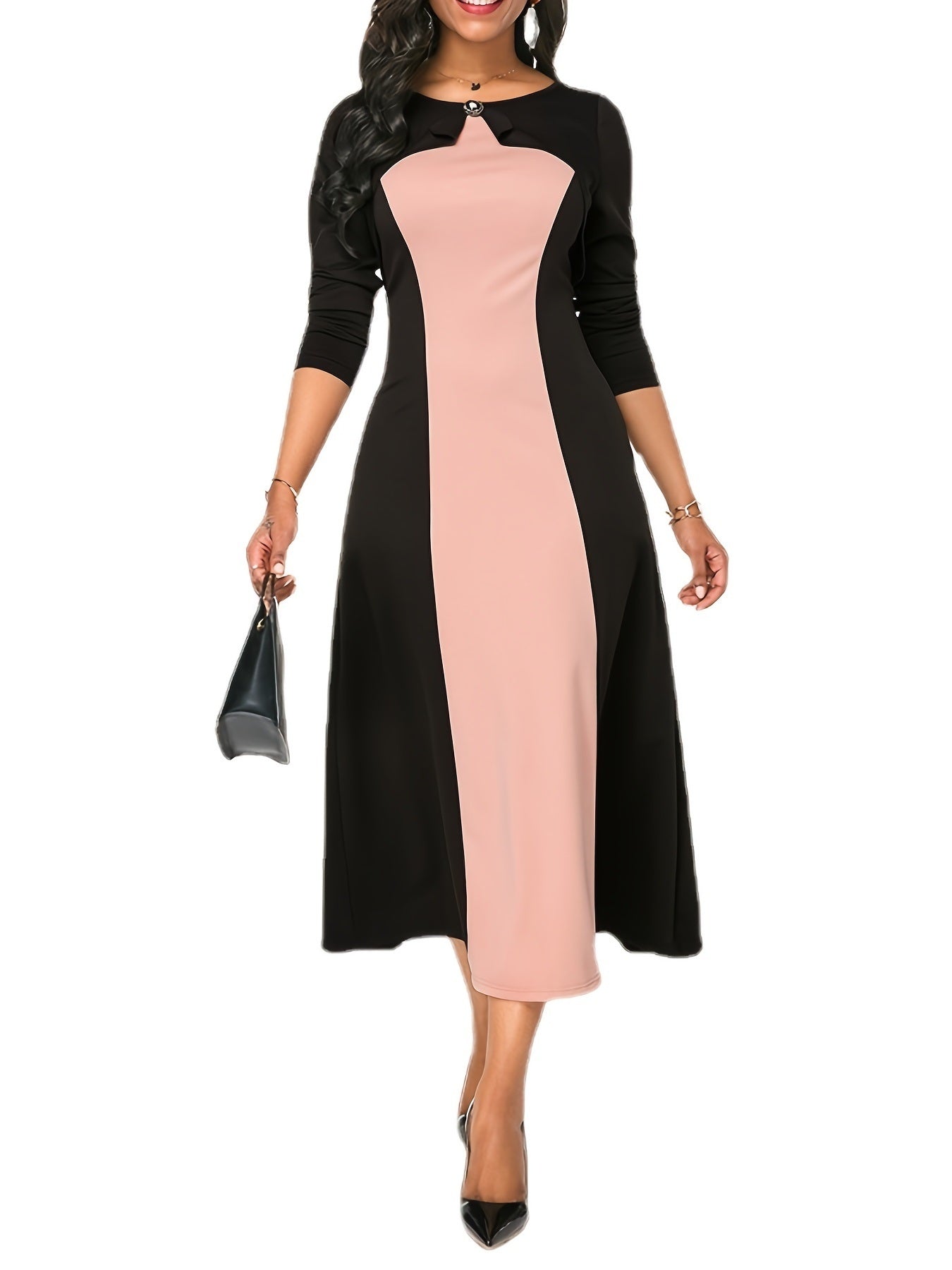 Elegant Color Block Dress; Long Sleeve Crew Neck Dress For Party & Banquet