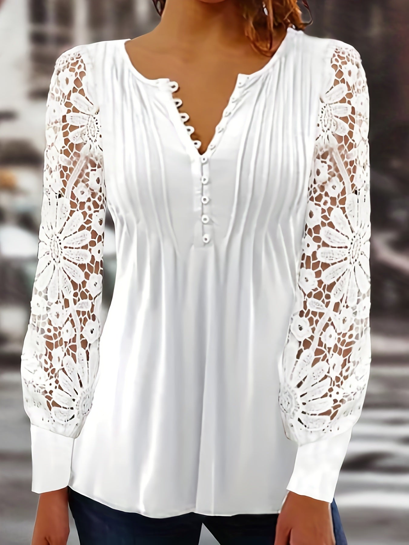 Lace Contrast Pleated Front T-Shirt; Button V Neck Long Sleeve T-Shirt; Casual Every Day Tops