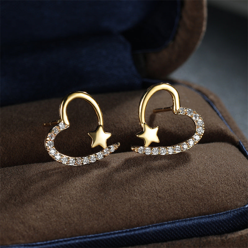 1 Pair Fashion 14K Gold Plated White Zircon Love Heart Stud Earings For Women Jewelry Gifts