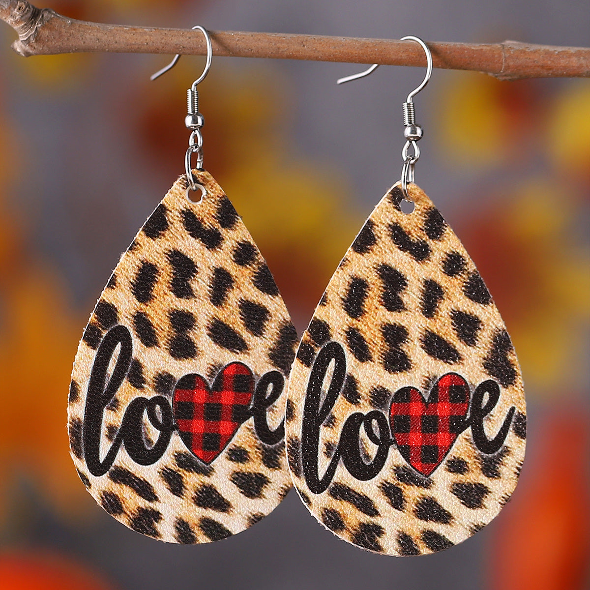 Leopard Pattern PU Leather LOVE Teardrop Shape Earrings For Women Wife Girlfriend Valentine's Day Gift 1Pair