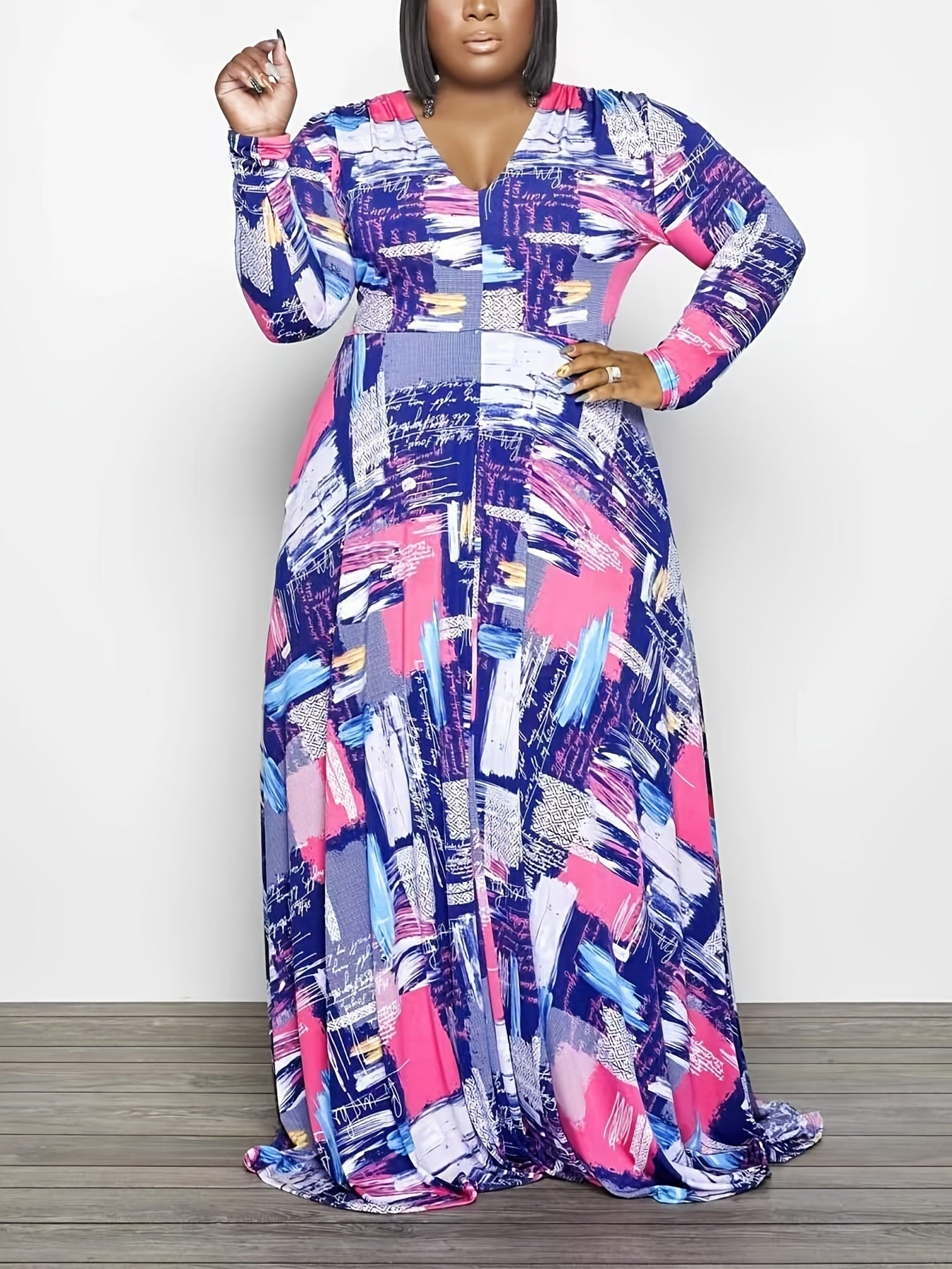 Plus Size Colorblock V Neck Long Sleeve Maxi Dress; Women's Plus Elegant High Stretch Long Dress