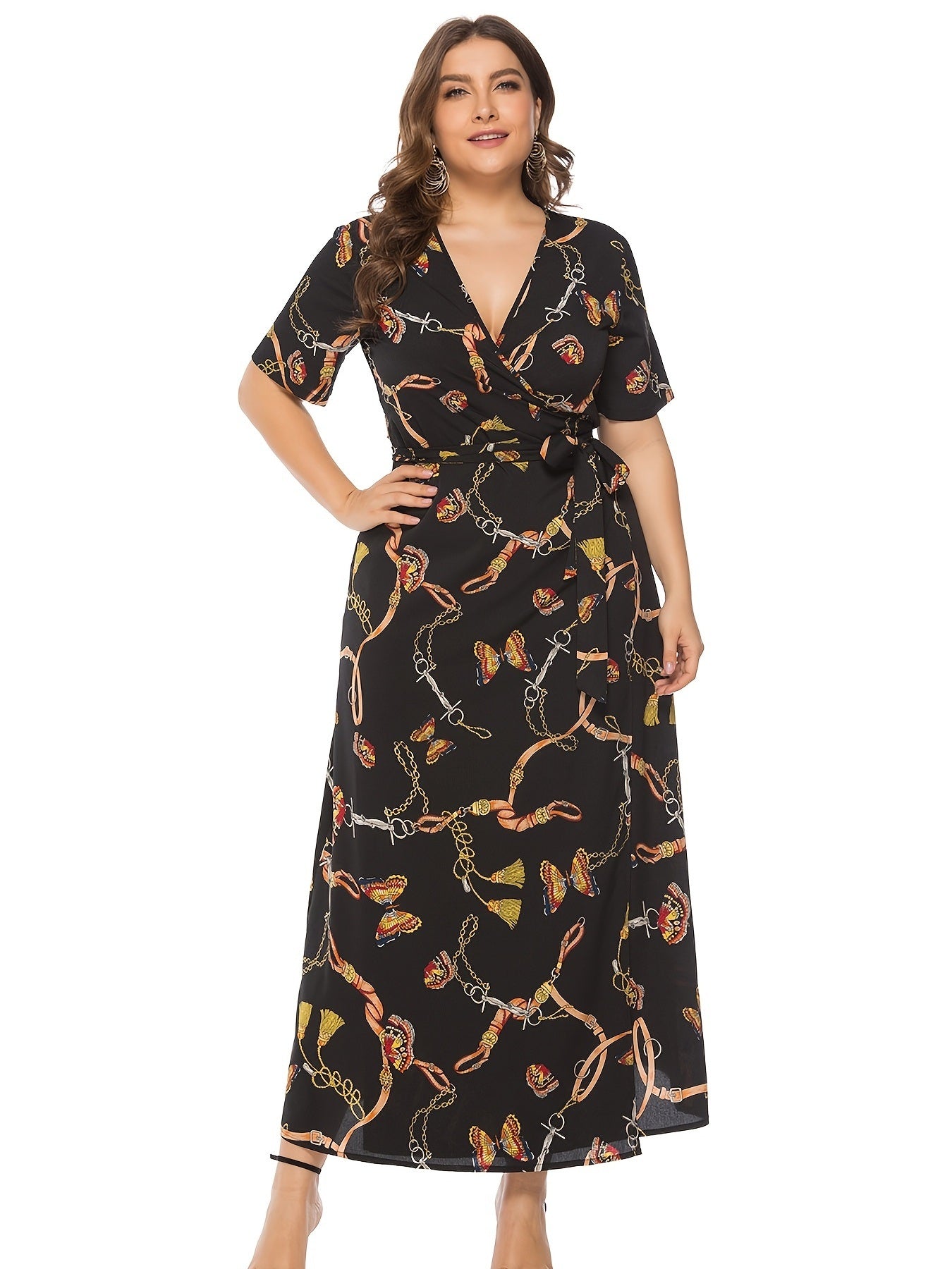 Plus Size Butterfly Print Short Sleeve Cami Dress; Women's Plus Casual V Neck Side Knot Long Dress