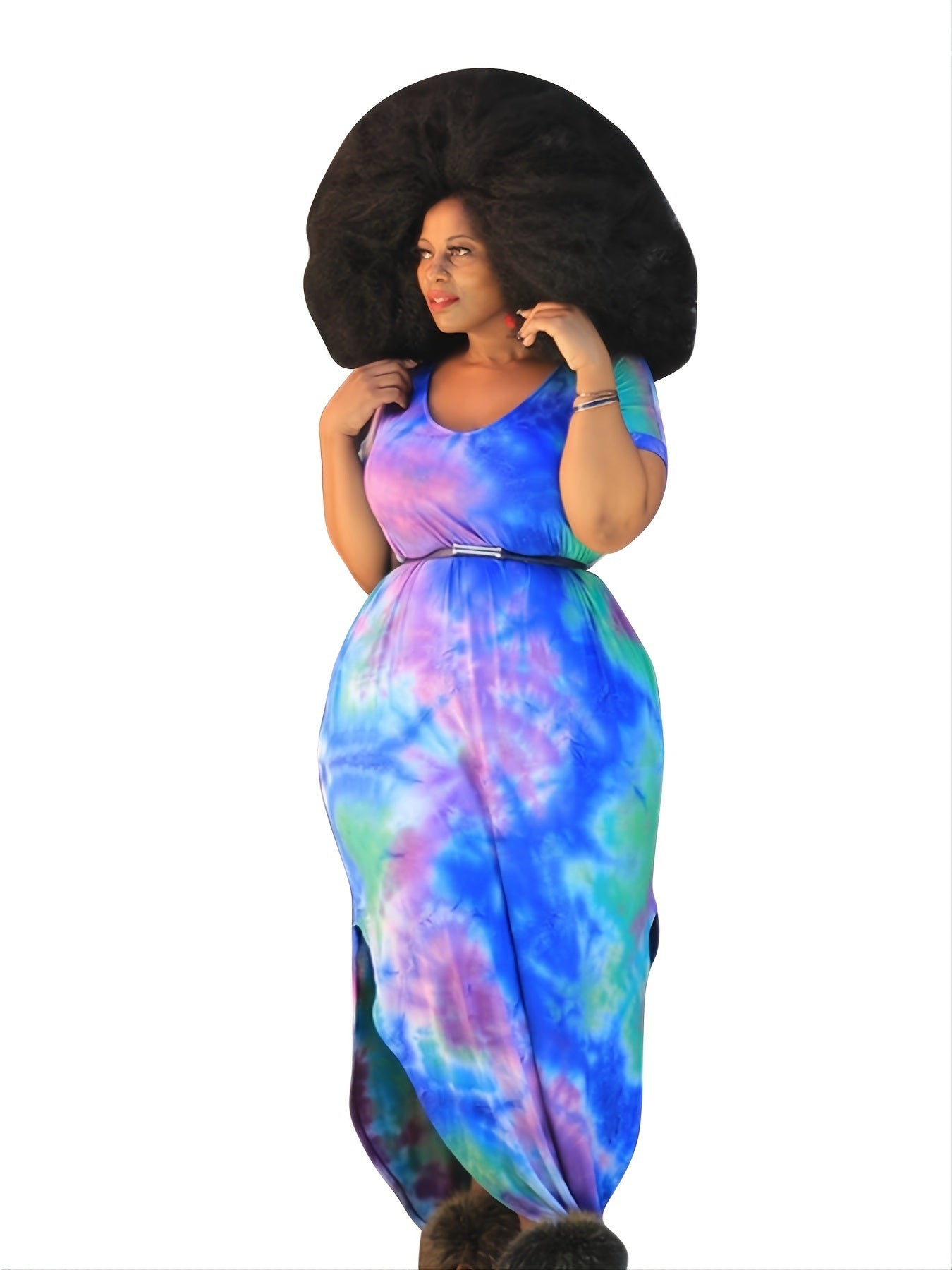 Plus Size Tie Dye Round Neck Loose Fit Maxi Dress; Women's Plus High Stretch Elegant Long Dress