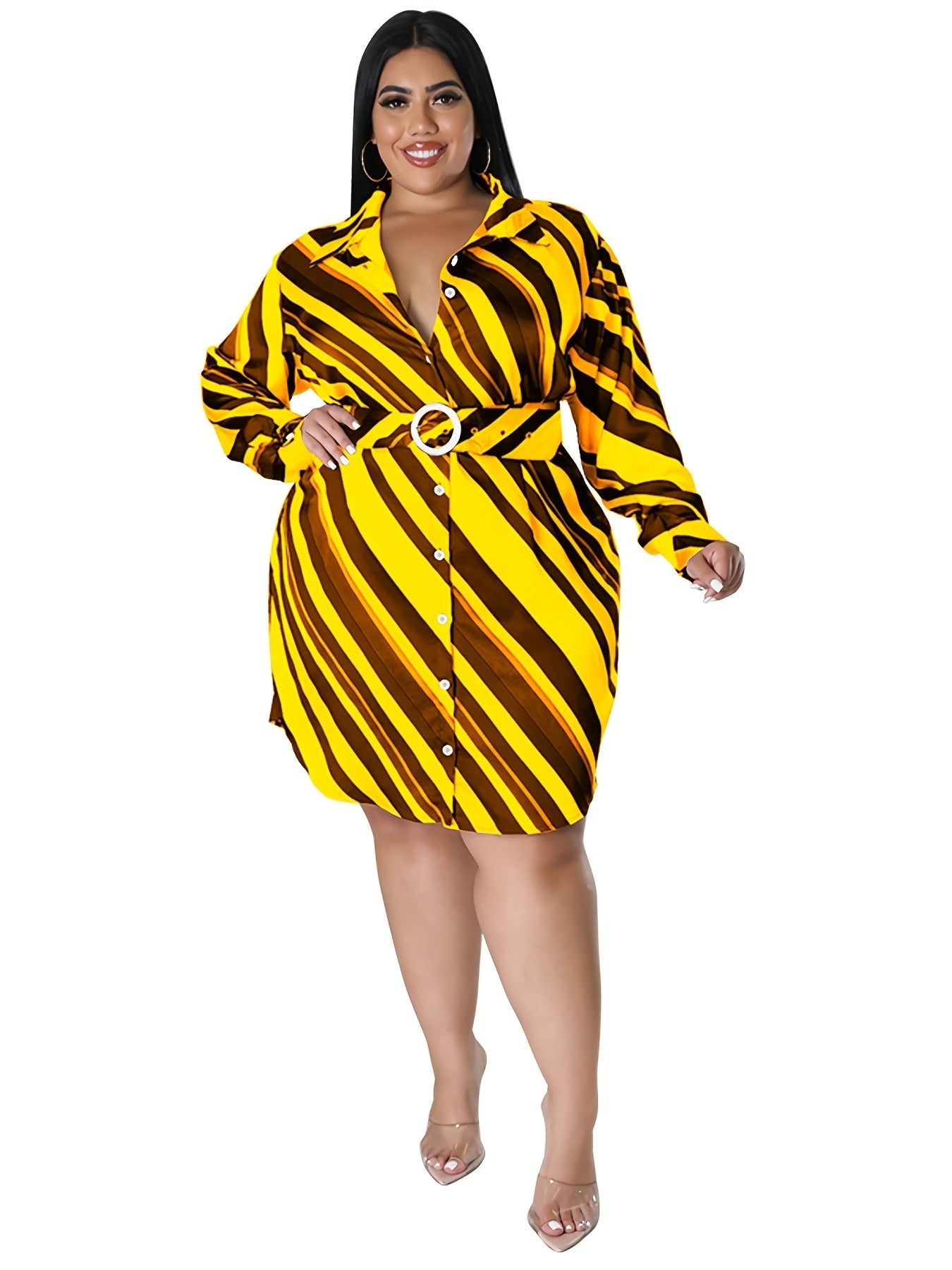 Plus Size Strip Print Lapel Collar Belted Mini Dress; Women's Plus Elegant Shirt Dress