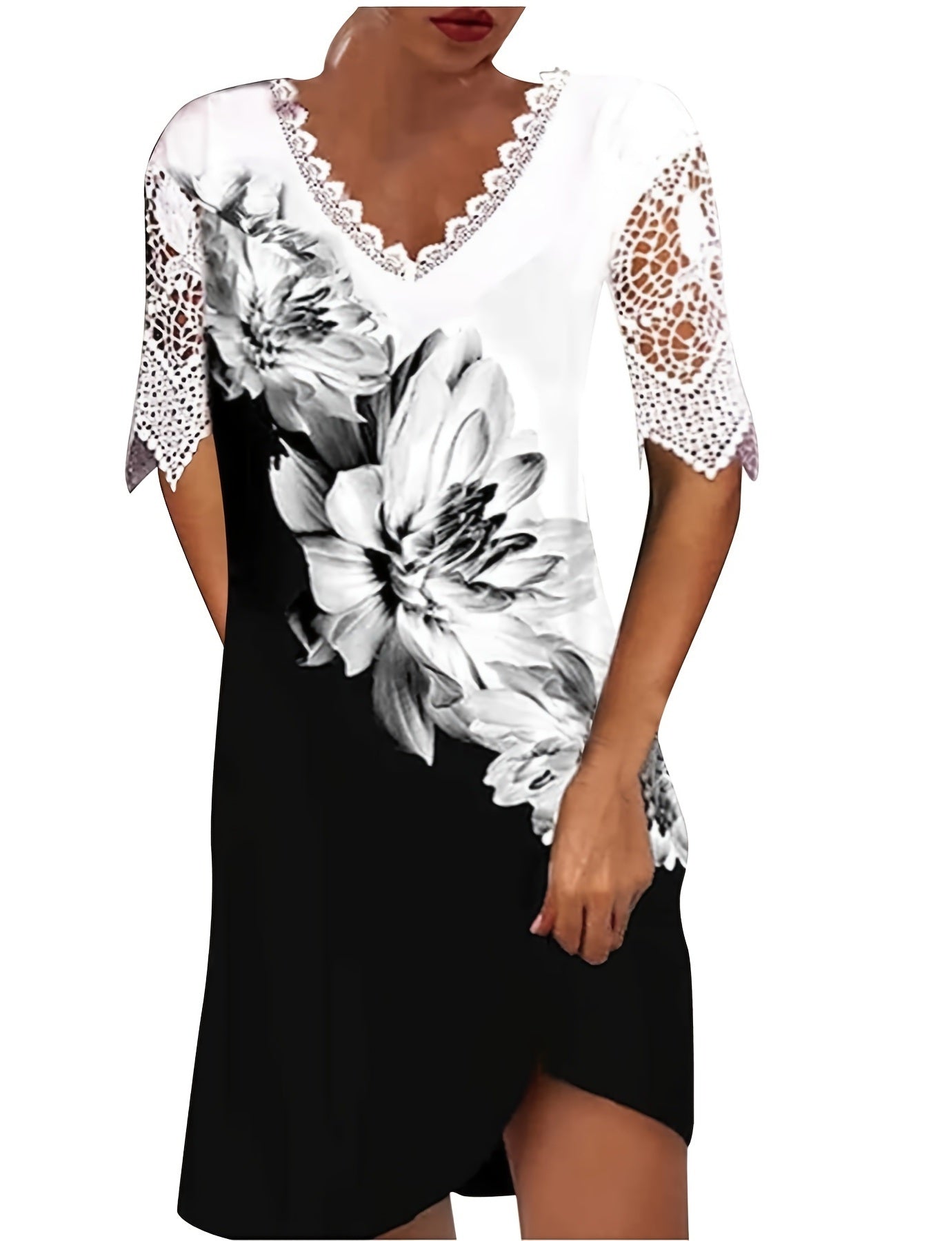 Floral Print Lace Stitching Dress; Casual V-neck Short Sleeve Dress