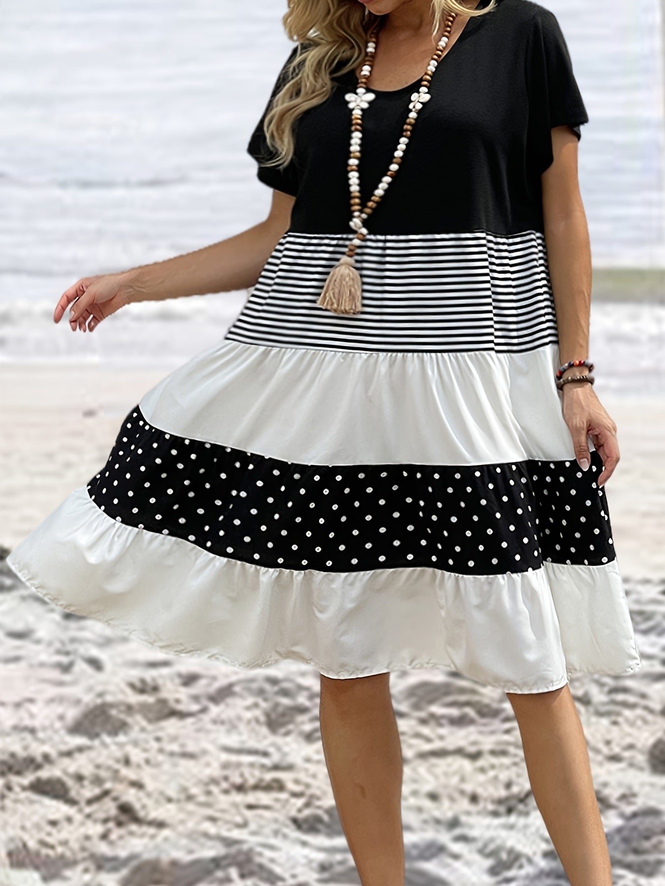 Size Boho Dress; Women's Colorblock Dot Print Short Sleeve Layered Slight Stretch Midi Dress