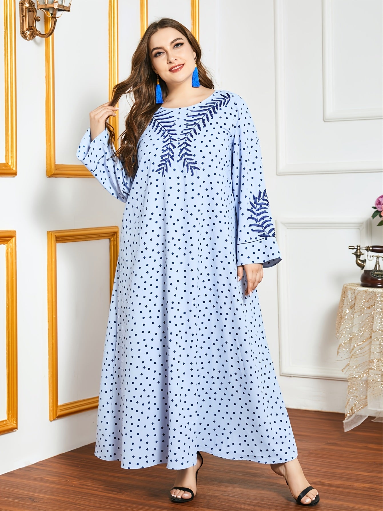 Size Embroidered Polka Dot Round Neck Maxi Dress; Women's Long Sleeve Elegant Long Dress