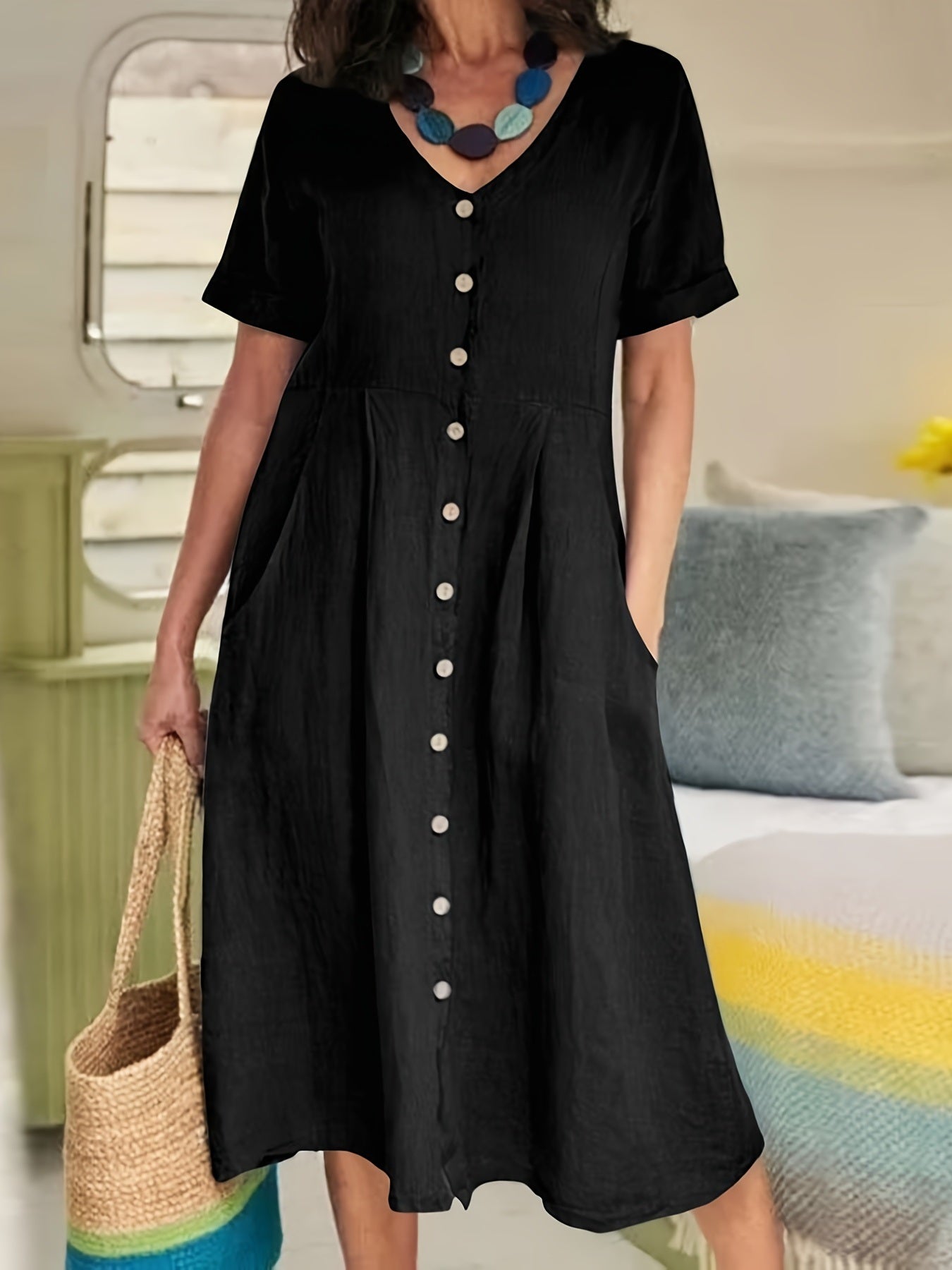 Size Casual Dress; Women's Short Sleeve Button Decor V Neck Loose Fit Dress