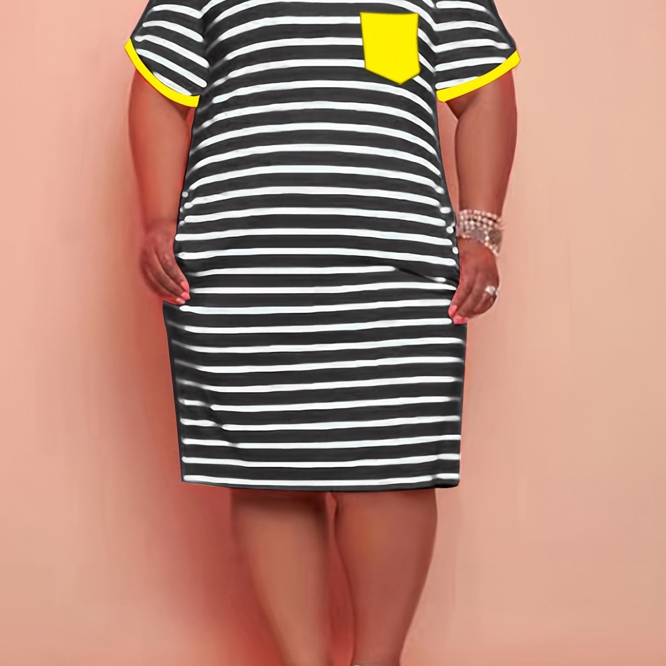 Plus Size Cotton Strip Print Short Sleeve Midi Dress With Pockets; Women's Plus Medium Stretch Dress