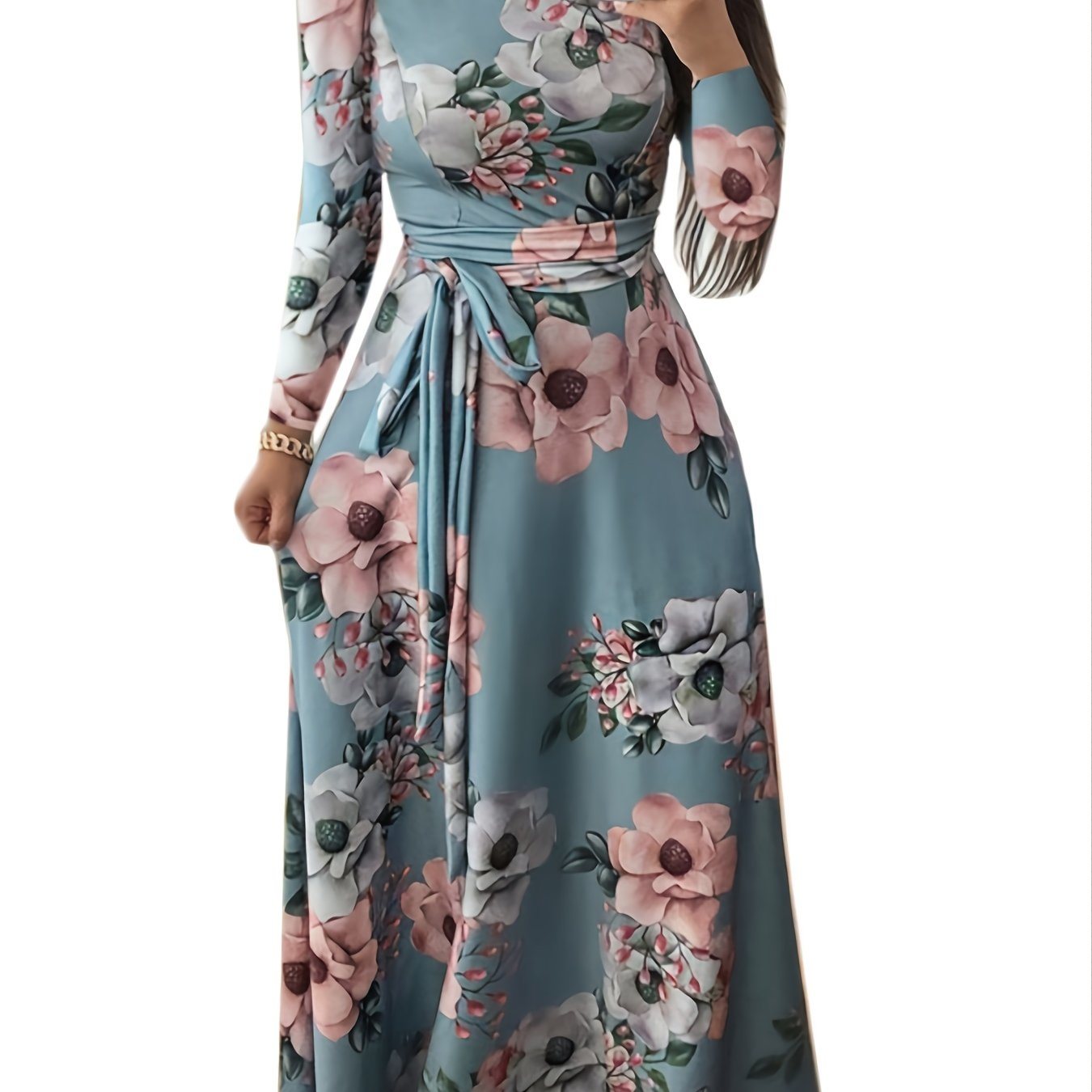 Plus Size Floral Print Slim Fit Maxi Dress; Women's Plus Round Neck Fit And Flared Long Dress