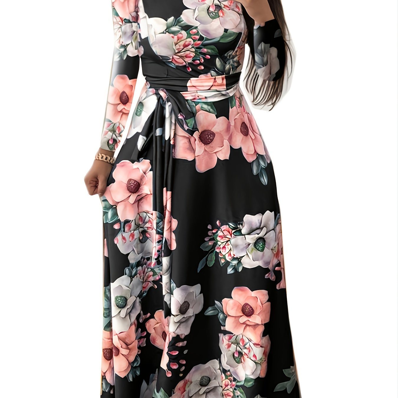 Plus Size Floral Print High Neck Maxi Dress; Women's Plus Medium Stretch Round Neck Long Dress