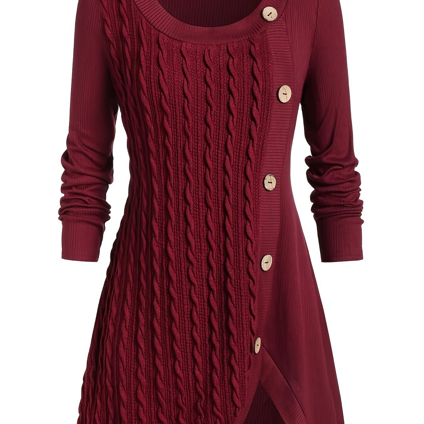 Plus Size Solid Jacquard Button Up Long Sleeve Dress; Women's Plus Medium Stretch Casual Dress