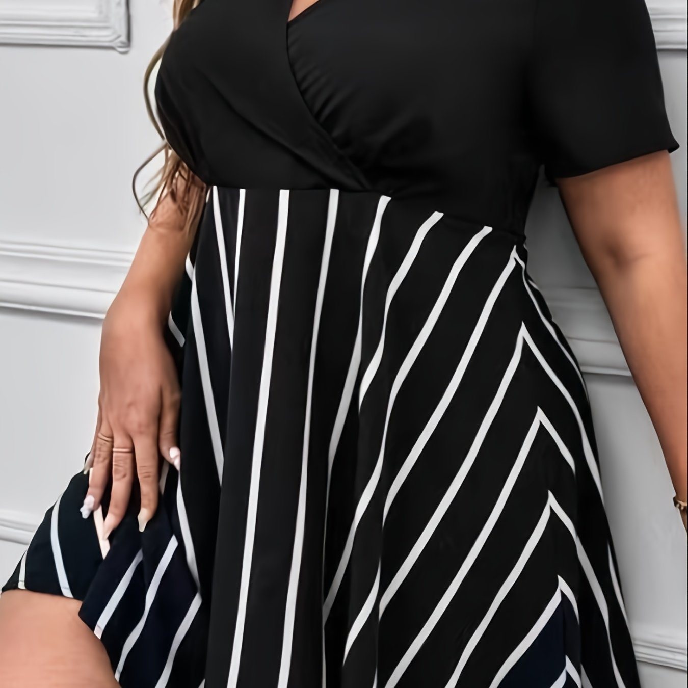 Plus Size Strip Print V Neck Tee Dress; Women's Plus Casual Slight Stretch Short Dress