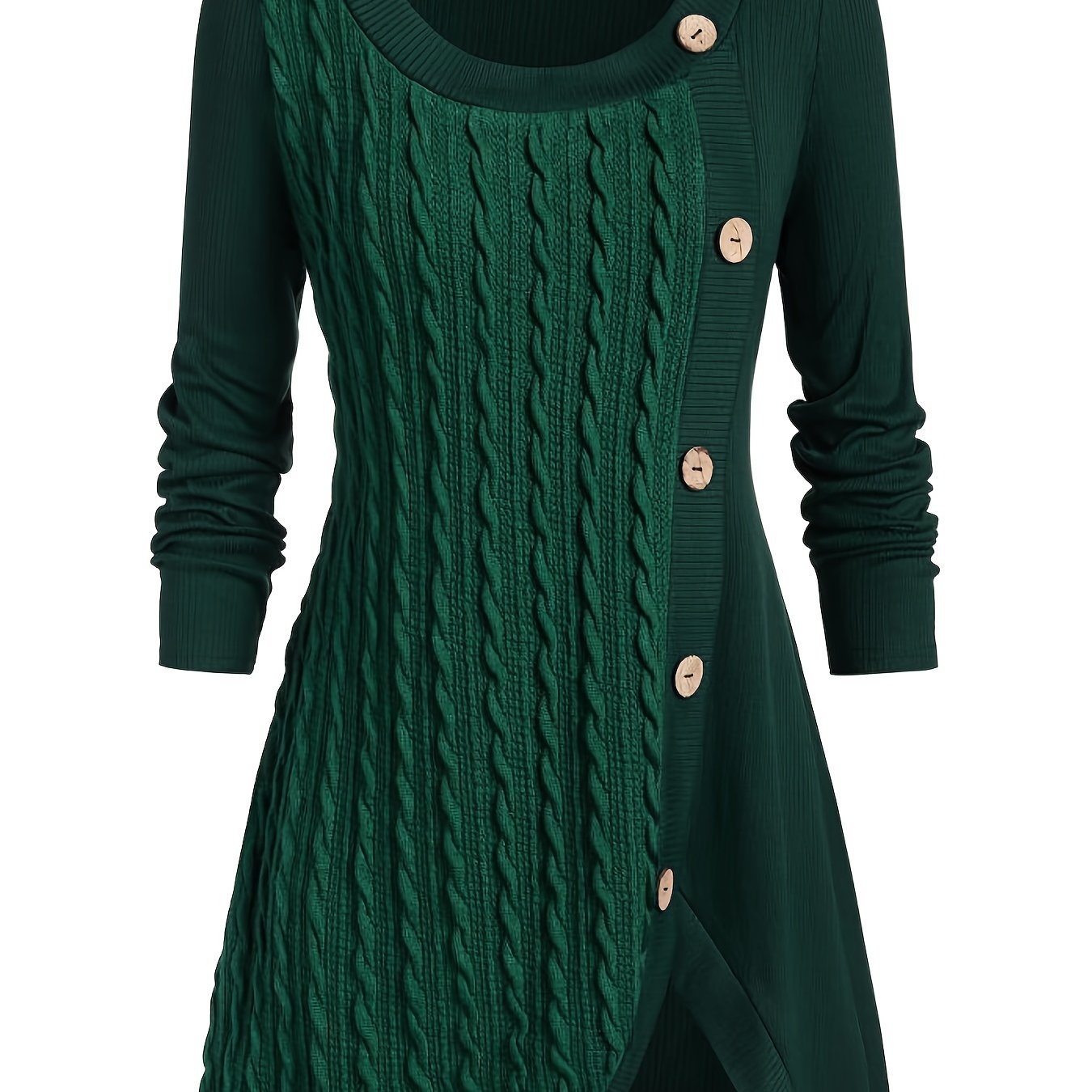 Plus Size Solid Jacquard Button Up Long Sleeve Dress; Women's Plus Medium Stretch Casual Dress