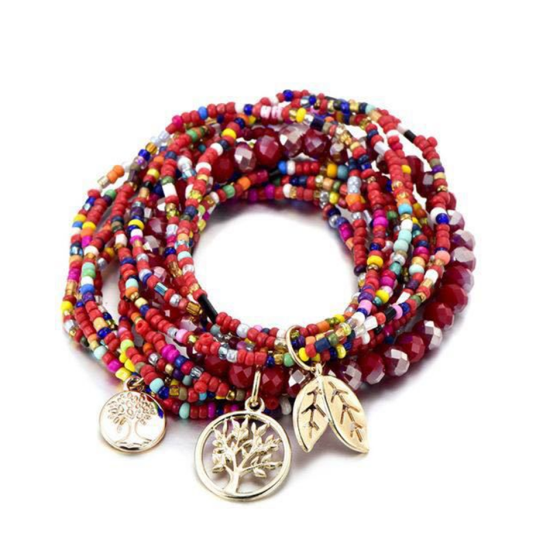 Simple Beaded Bracelet Set Tree Of Life Shape Pendant Stackable Boho Style Hand Jewelry