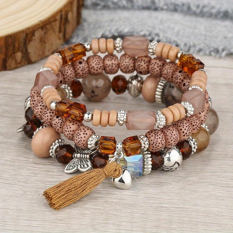 Tassel Butterfly Pendant Multilayer Bracelet Simple Multi-Circle Bead Bracelet Bohemian Bracelet